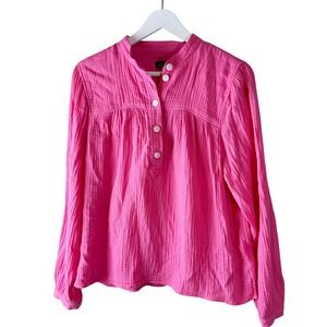 J.Crew‎ Fresco Gauze Pink Cotton Long Sleeve Button Down Mandarin Collar Top